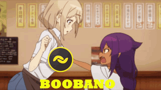 a cartoon of two girls with the word boobano on the bottom right