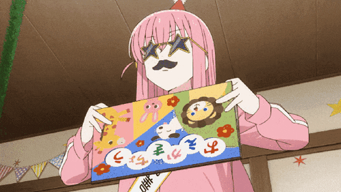 a girl with pink hair and a fake mustache is holding a piece of paper