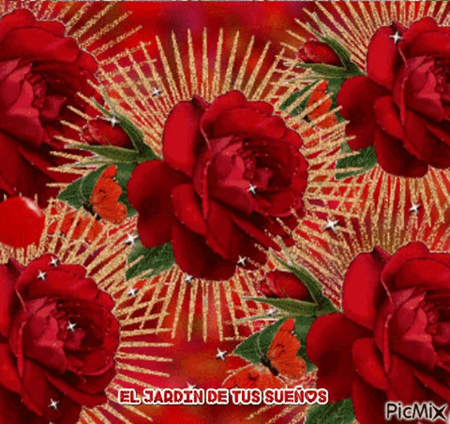 a picture of red roses with the words el jardin de tus suenos at the bottom