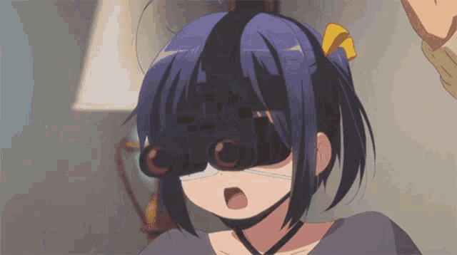 a girl with a pair of binoculars on her head has a surprised look on her face