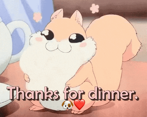 a cartoon squirrel says thanks for dinner with a heart