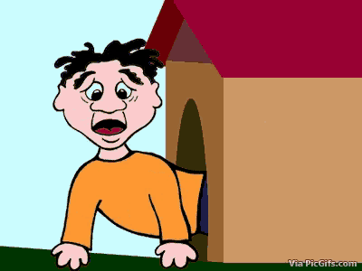 a cartoon of a boy crawling out of a doghouse