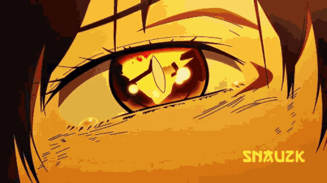 a close up of a person 's eye with snauzk written in yellow