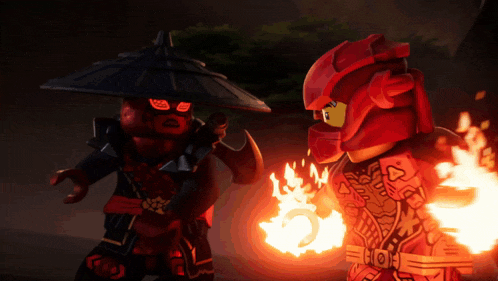 two lego ninjago characters are standing next to each other and one of them is holding a fireball