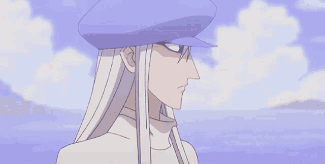 a man with long white hair and a purple hat