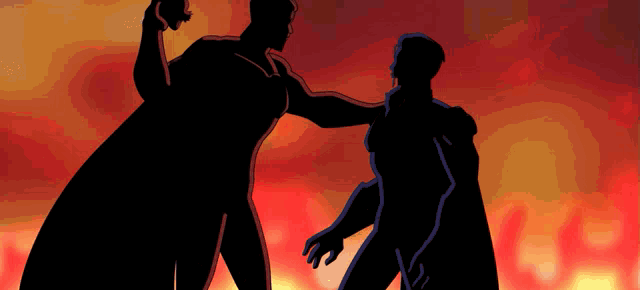a silhouette of a man holding another man 's arm