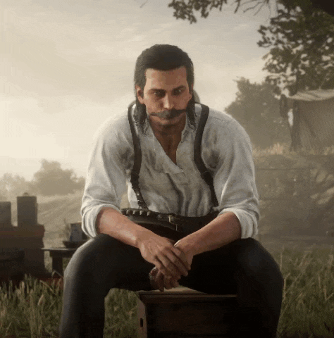 a man with a mustache and suspenders is sitting on a bench