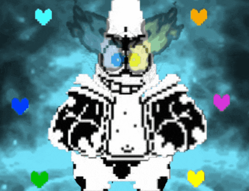 a pixel art drawing of a clown with hearts surrounding him