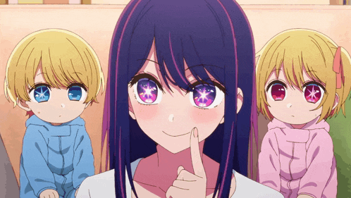 a girl with purple hair and pink eyes is surrounded by two other girls