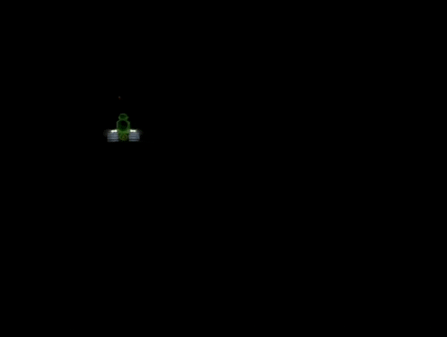 a cartoon character is standing in front of a green object with a circle on it