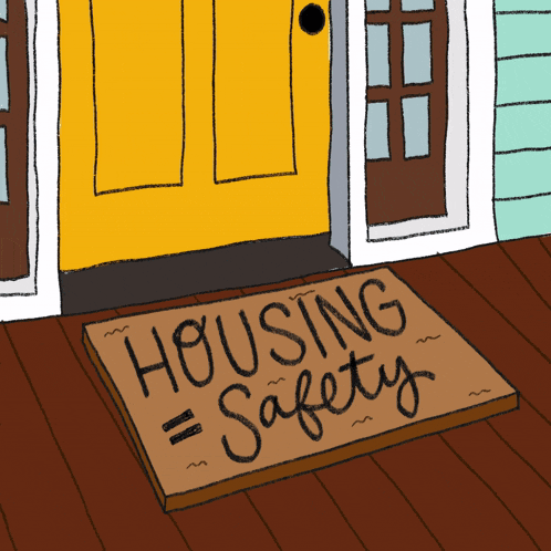 a cartoon drawing of a door mat that says housing safety