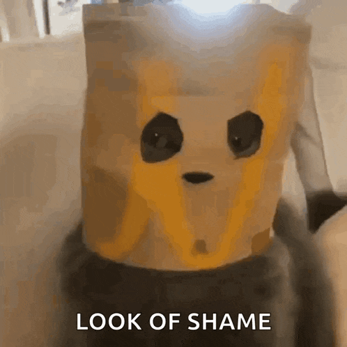 a paper bag with a panda face on it and the words look of shame