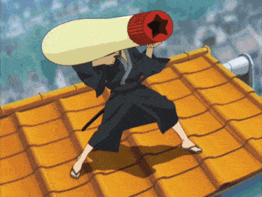 a man in a black kimono is holding a giant mayonnaise bottle over his head