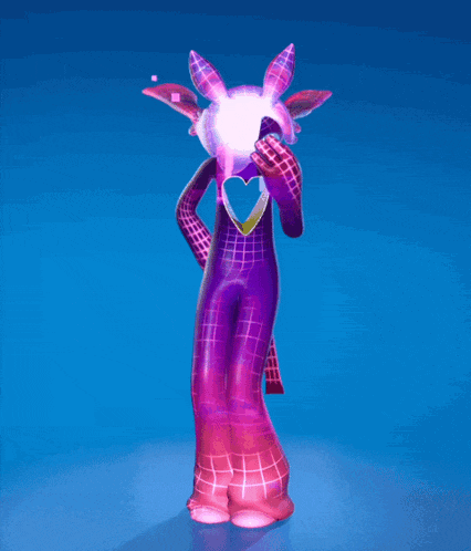 a 3d model of a rabbit with a blue background and pink ears