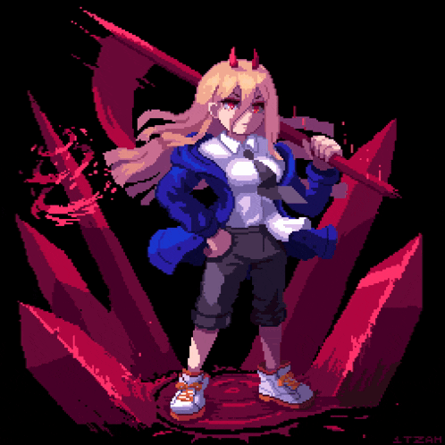a pixel art of a girl with horns and a sword