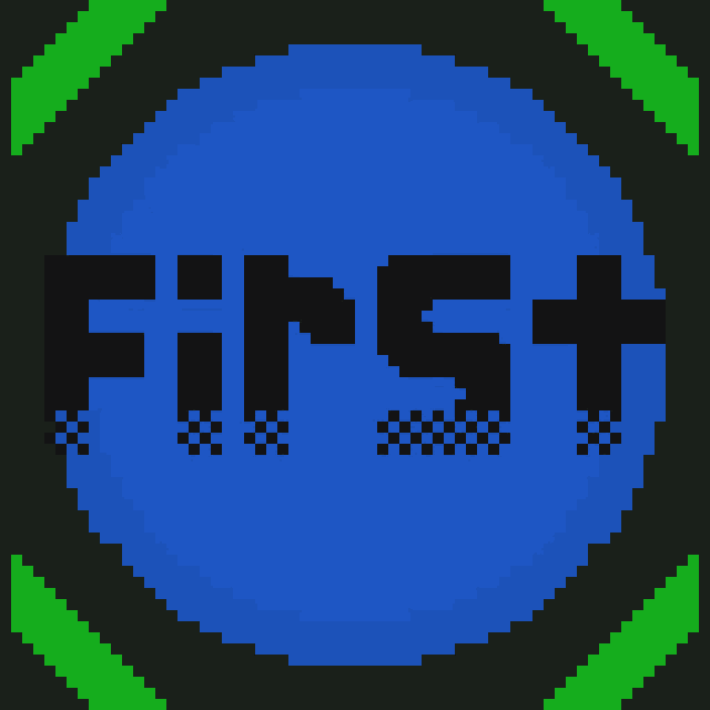 a pixel art of a blue circle with the word first on it
