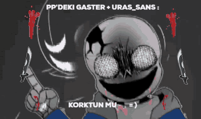a drawing of a skeleton holding a knife with the words " korktun mu " written below it