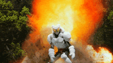 a cartoon character is standing in front of a huge explosion