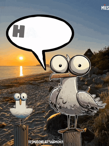a cartoon of two seagulls on a beach with a speech bubble that says " hi "