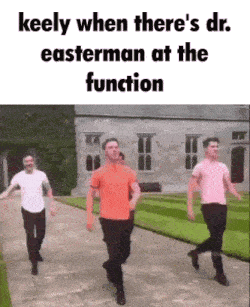 a group of men are walking down a path with the caption keely when there 's dr. easterman at the function