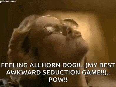 a woman wearing glasses is saying `` feeling allhorn dog ! ( my best awkward seduction game !! ) pow ! ''