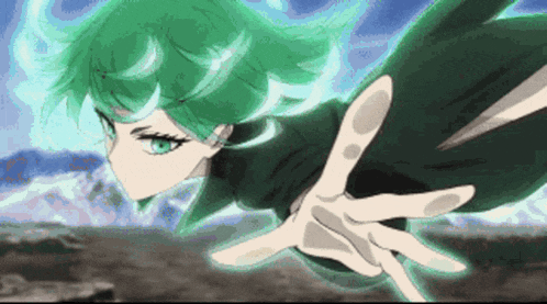 a cartoon character with green hair is flying through the air .