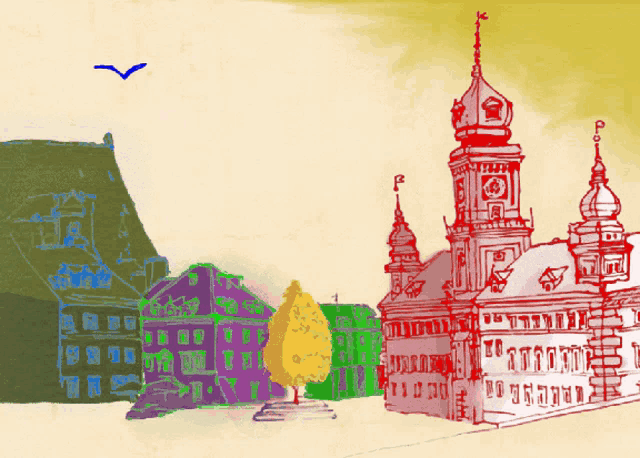 a drawing of a clock tower with a blue bird flying in the sky