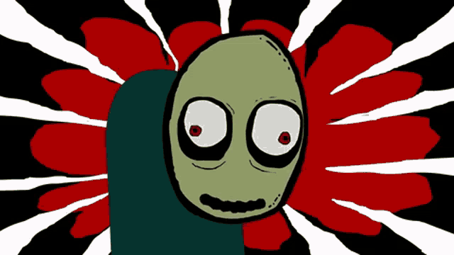a cartoon character with red eyes and a green head