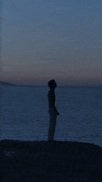 a silhouette of a man standing on the beach looking at the ocean
