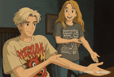 a boy and a girl are standing next to each other and the girl is wearing a shirt that says sanserved