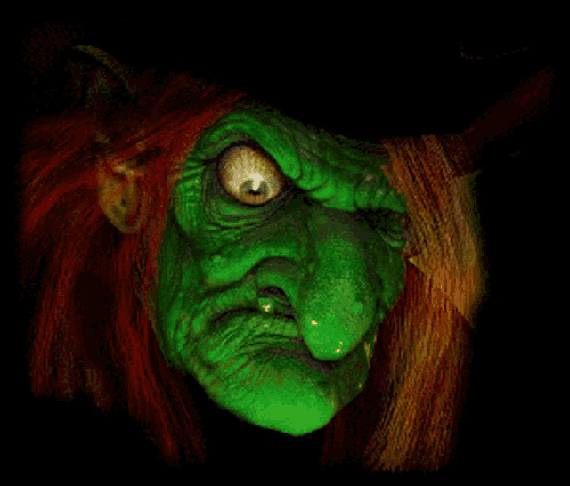 a cartoon witch with red hair and a big nose