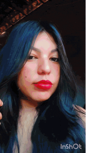 a woman with blue hair and red lipstick is shown