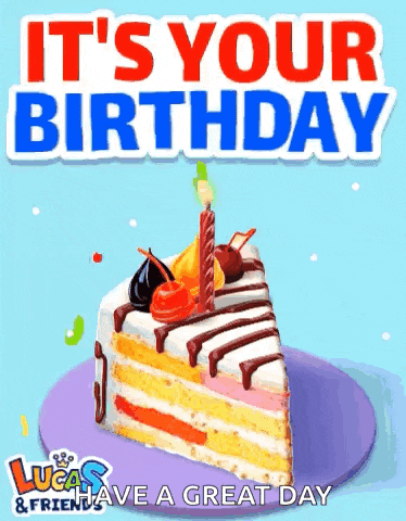 a slice of birthday cake with a lit candle on top