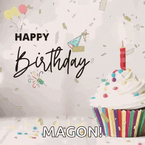 a birthday card with a cupcake and confetti and the words `` happy birthday magon ''