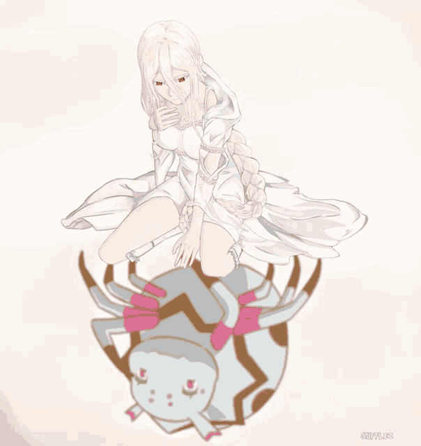 a drawing of a girl sitting on a spider with the word sapphire below her