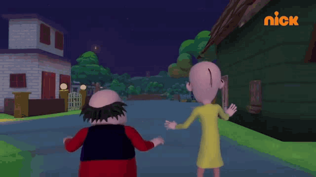 two cartoon characters are standing in front of a building that says nick on the bottom