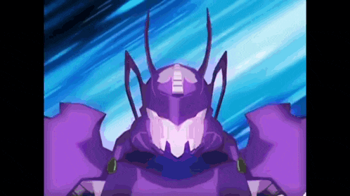 a close up of a purple robot with a blue background .