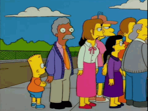 bart simpson is standing in a crowd of people