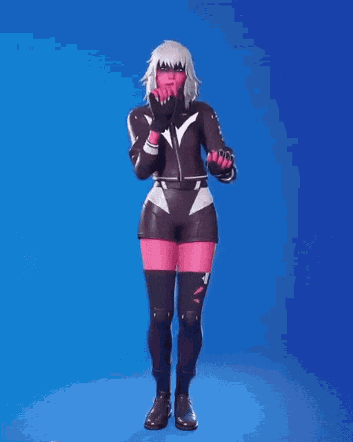 a woman in a pink and black outfit is dancing on a blue background