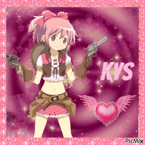 a picture of a girl holding a gun with the word kys in the corner