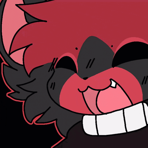 a drawing of a red and black animal with its mouth open and teeth showing