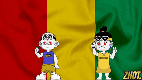 a boy and a girl are standing in front of a flag that says zhout