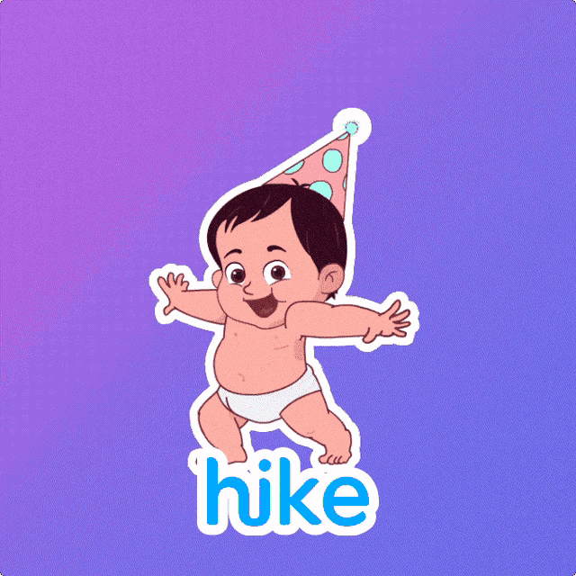 a sticker of a baby wearing a party hat and the word hike