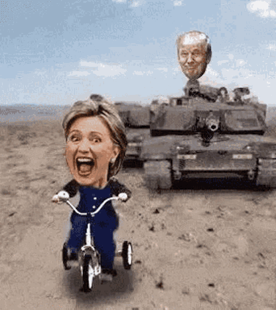 a cartoon of hillary clinton riding a tricycle with a tank in the background .