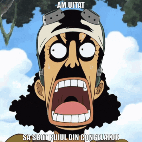 a cartoon of a man with his mouth wide open and the words am uitat sa scot puiul din congelator