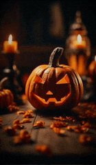 a halloween pumpkin with a face carved into it is sitting on a wooden table surrounded by candles .