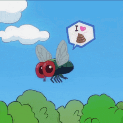 a cartoon fly is flying in the air with a speech bubble that says i love poop