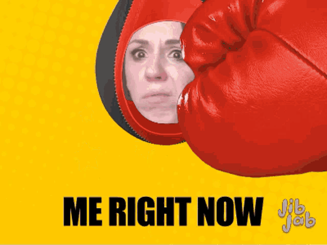 a red boxing glove with a woman 's face in it and the words me right now on the bottom