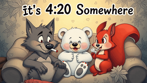 a cartoon of a wolf a bear and a squirrel with the words it 's 4:20 somewhere