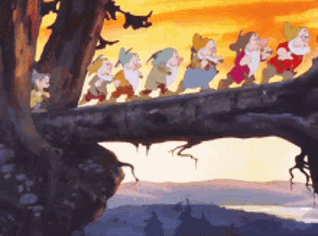the seven dwarfs from snow white and the seven dwarfs are running across a tree branch